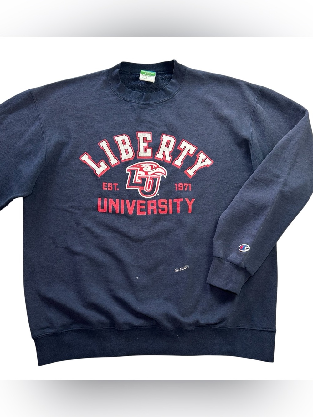 Vintage Champion Liberty University Flames Men’s L Crewneck Pullover Navy Blue